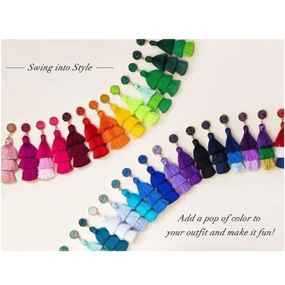 14K Yellow Gold with White Silk Thread Tassel and Quartz Druzy Post Earrings